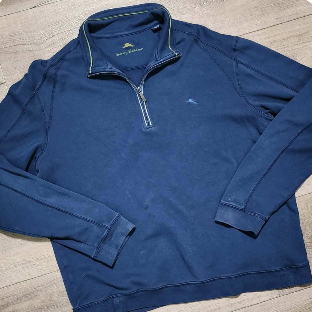 Tommy Bahama Mens Navy Blue 100% Pima Cotton Quarter Zip Pullover Sweater Large